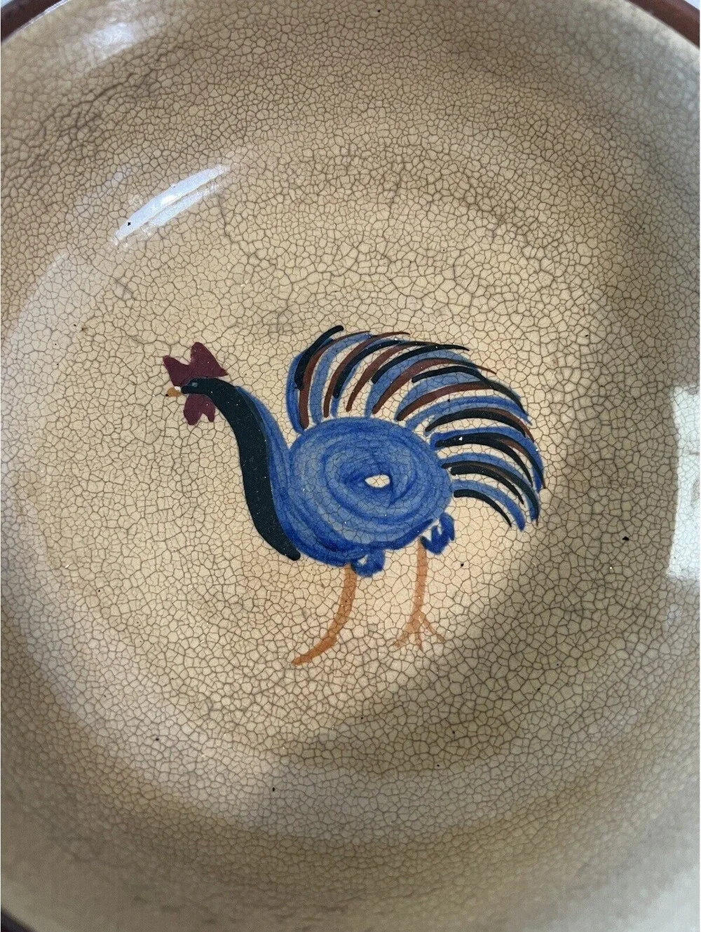 Antique Pottery Lidded  Sauce Pot with Rooster Hand Painted